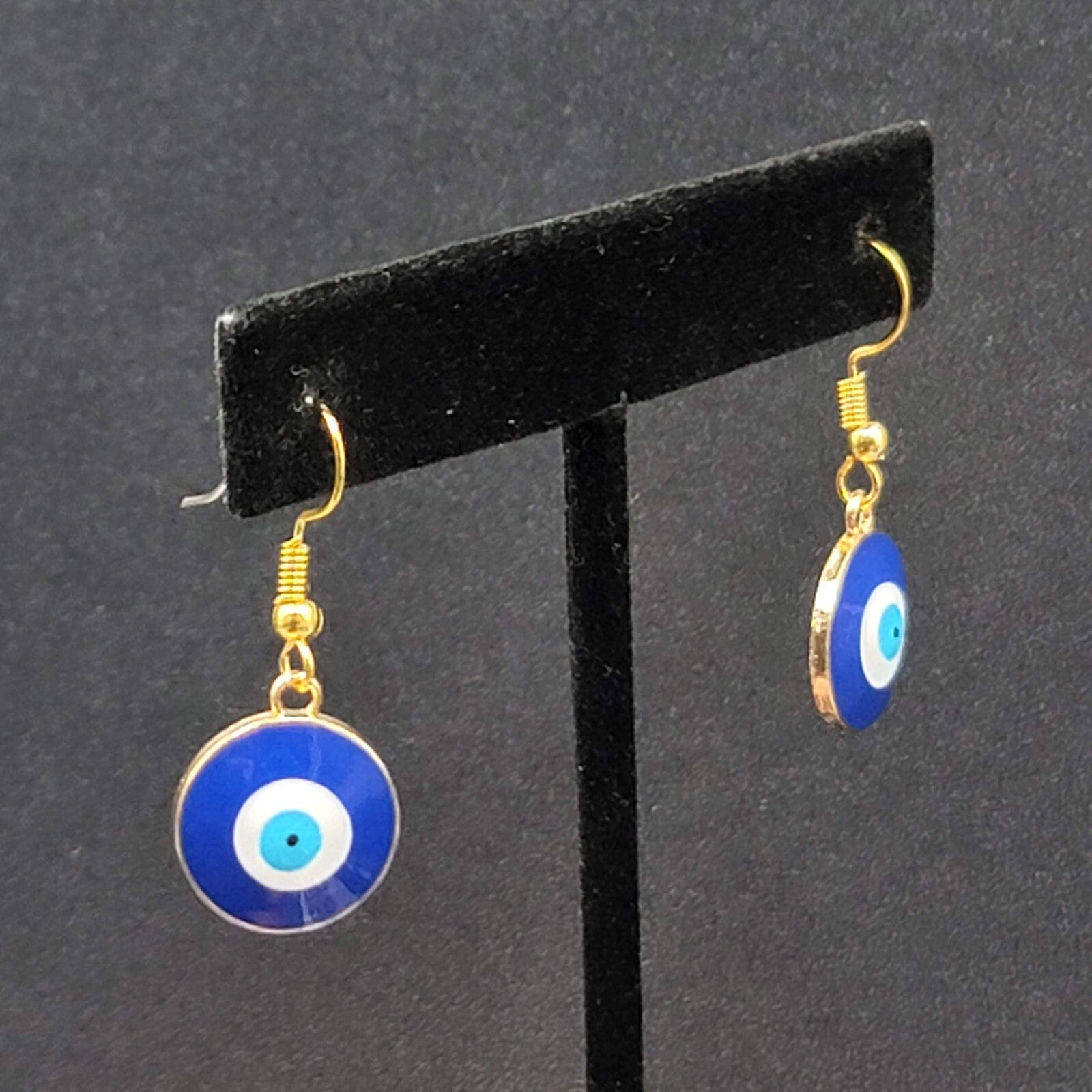 Pierced Earrings Gold tone Round Enamel Evil Eye Dangle 5/8"