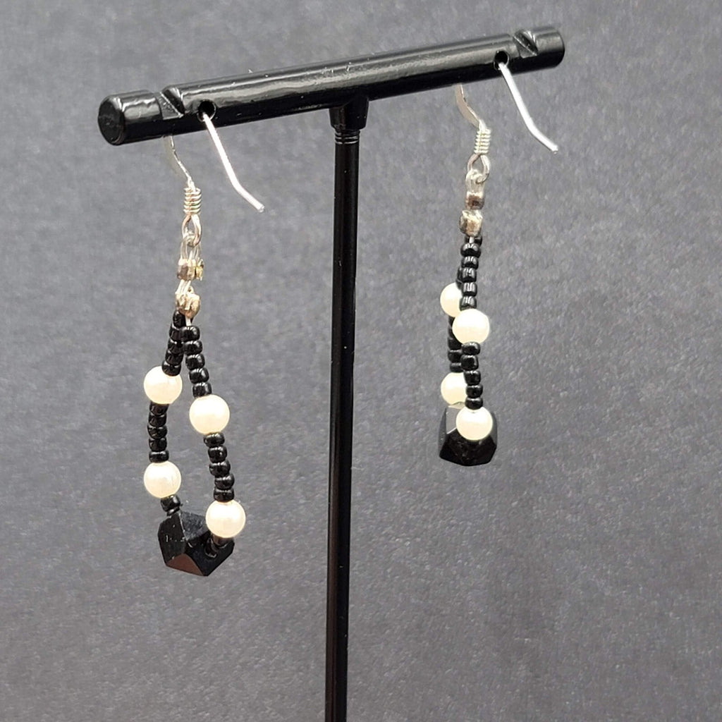 Pierced Earrings White Black Beaded Teardrop Hoops 1 3/8"