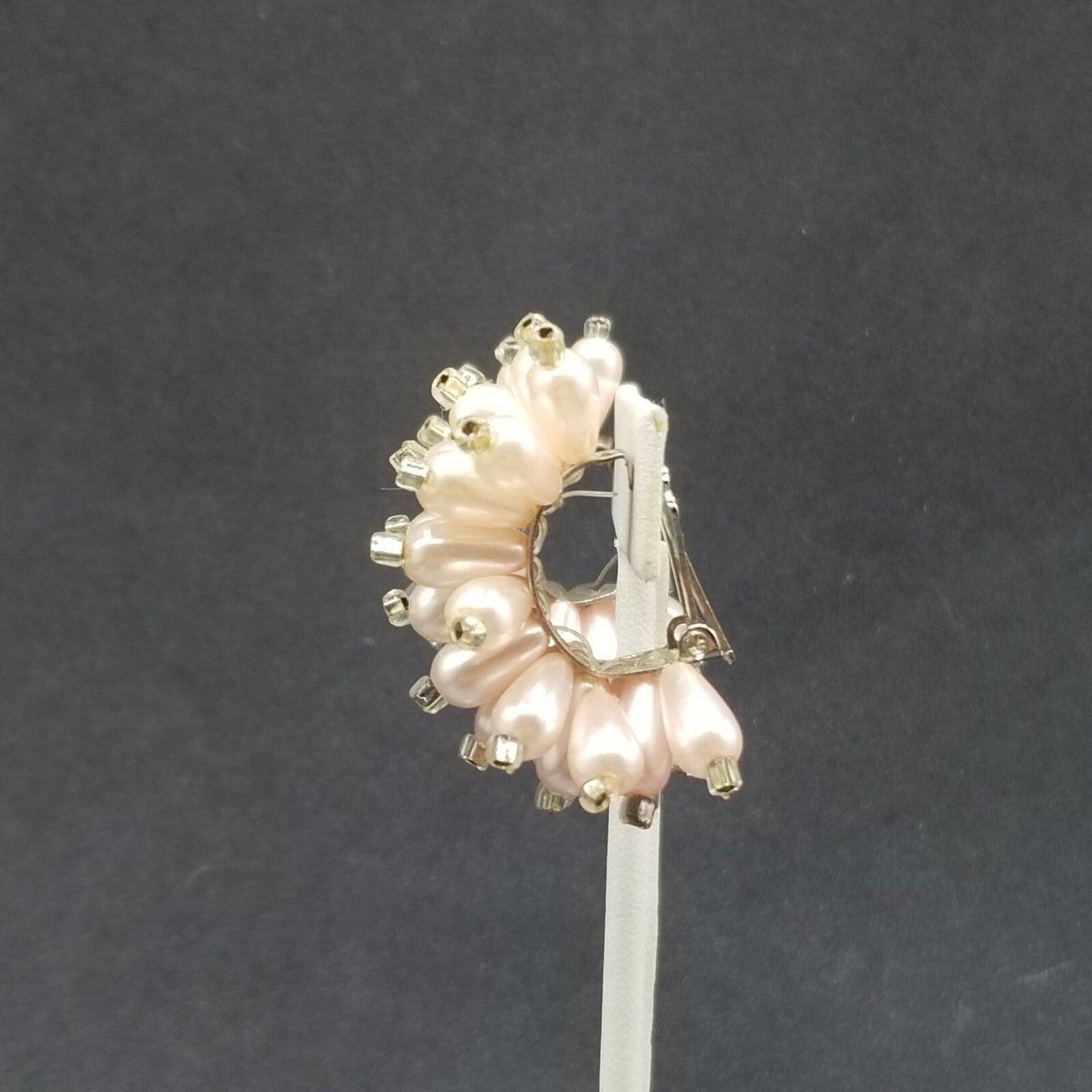 Vintage Clip on Earrings Pink Bead Large Statement Half Hoop Drop 1 1/2"
