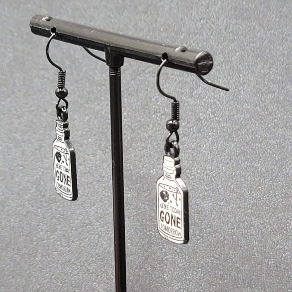 Poison Pierced Earrings Black White Enamel Dangle Here Today Gone Tomorrow 7/8"