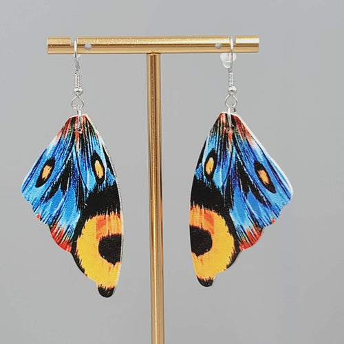 Butterfly Wing Pierced Earrings Blue Orange Statement Dangle 2.25"