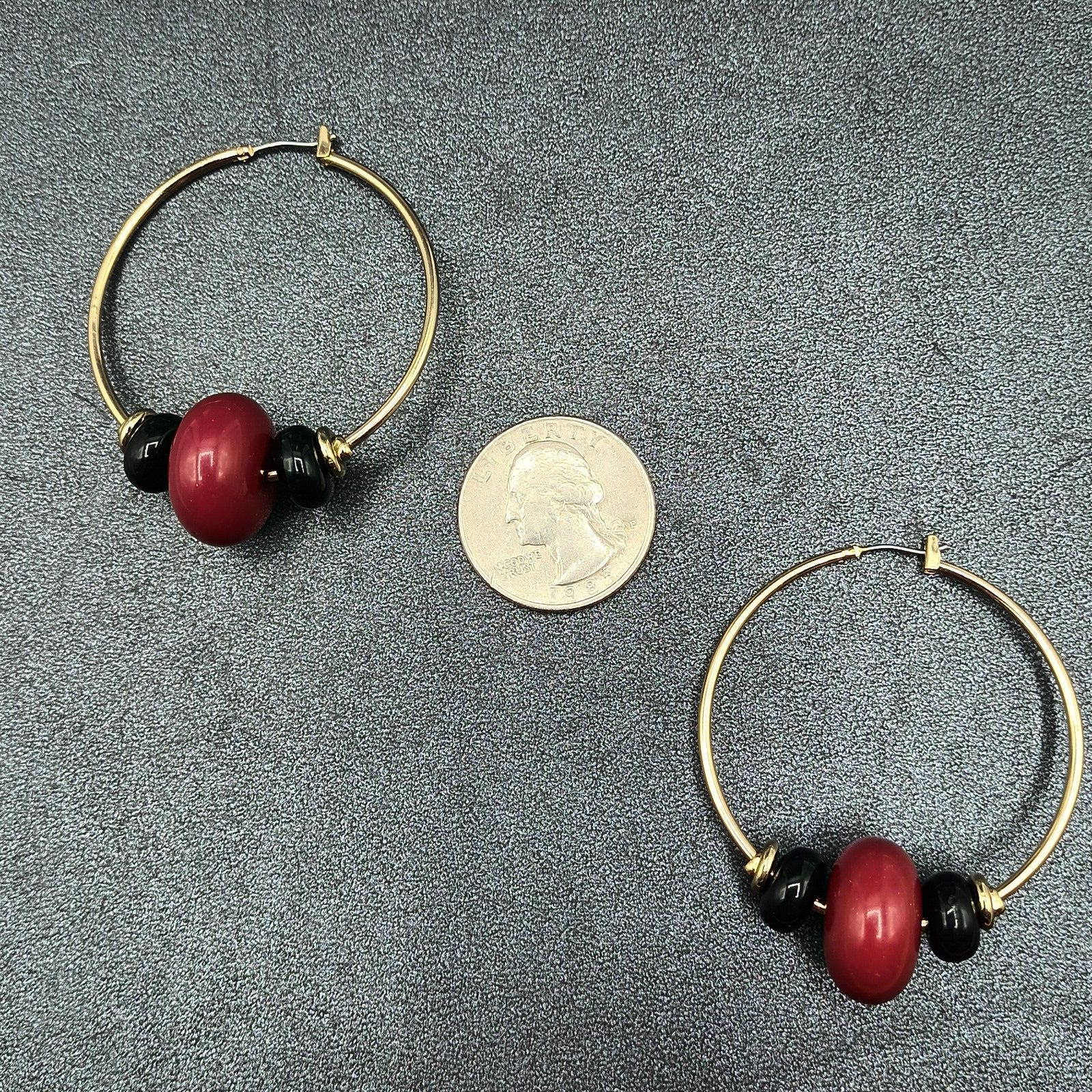 Vintage Pierced Earrings Gold tone Acrylic Beaded Snap Hoops 2"