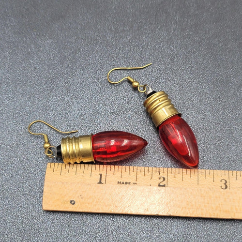 Christmas Pierced Earrings Gold tone Red Christmas Bulbs 1.75"