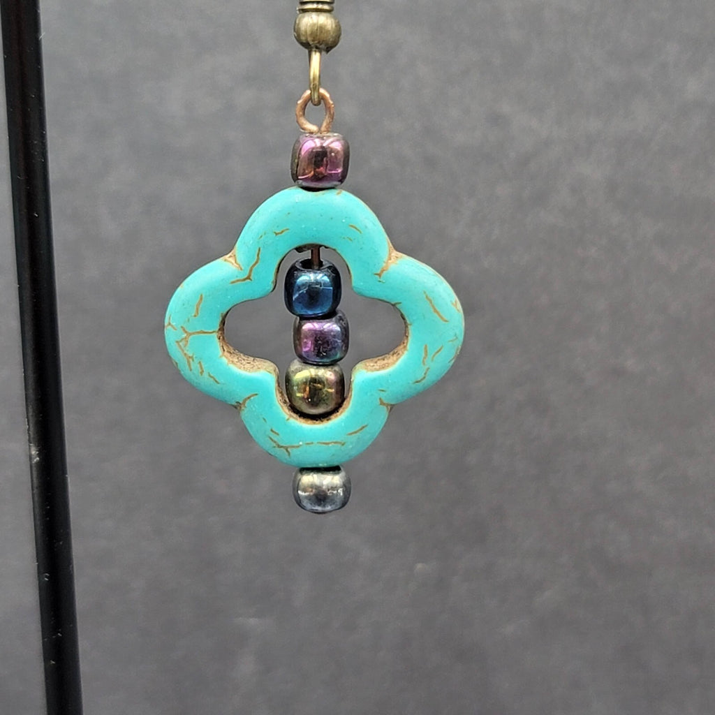 Pierced Earrings Dyed Blue Howlite Open Work Bead Dangle  1 1/8"