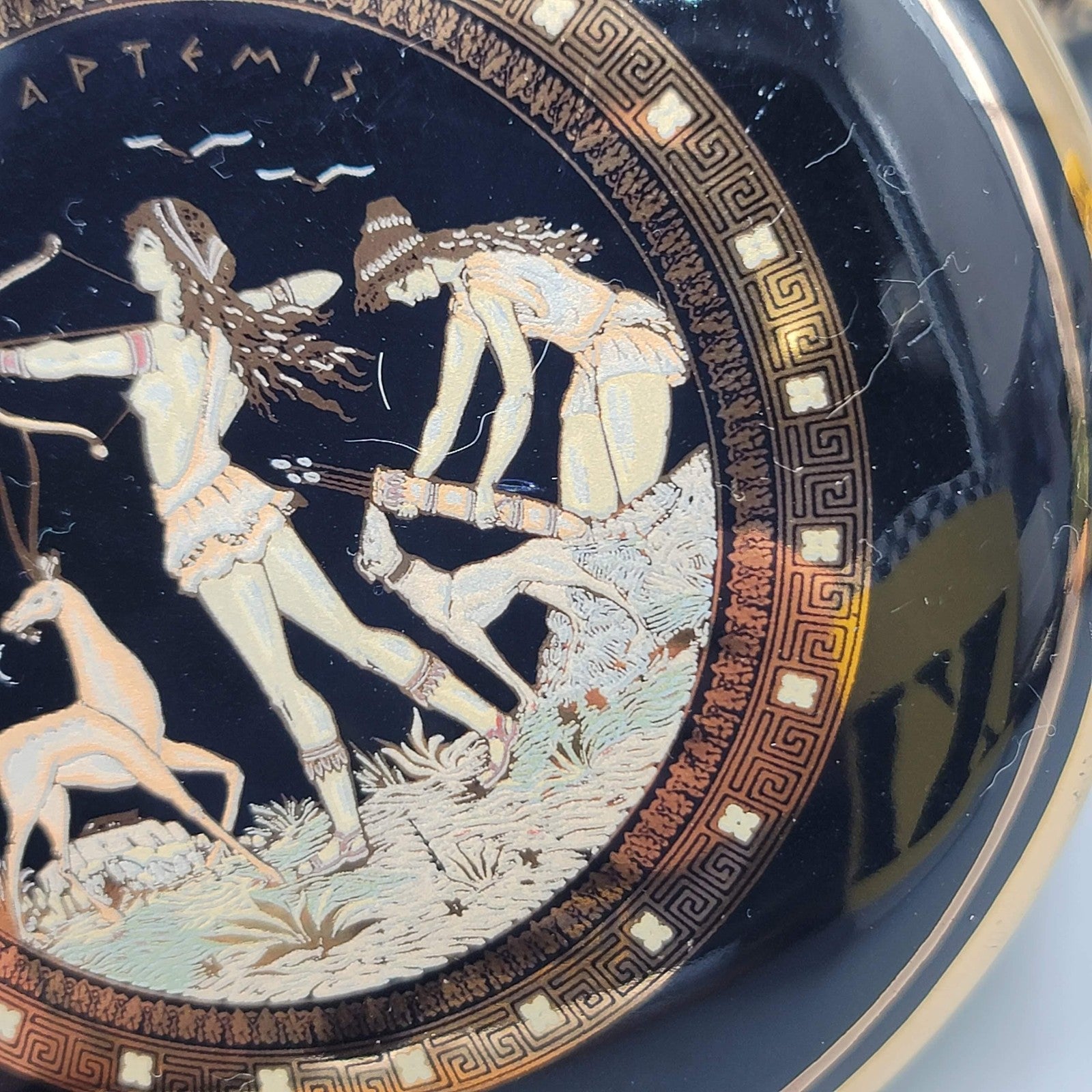 Fintias Greek Ceramic Lidded Trinket Jewelry Box Artemis Black 24K Gold Handmade