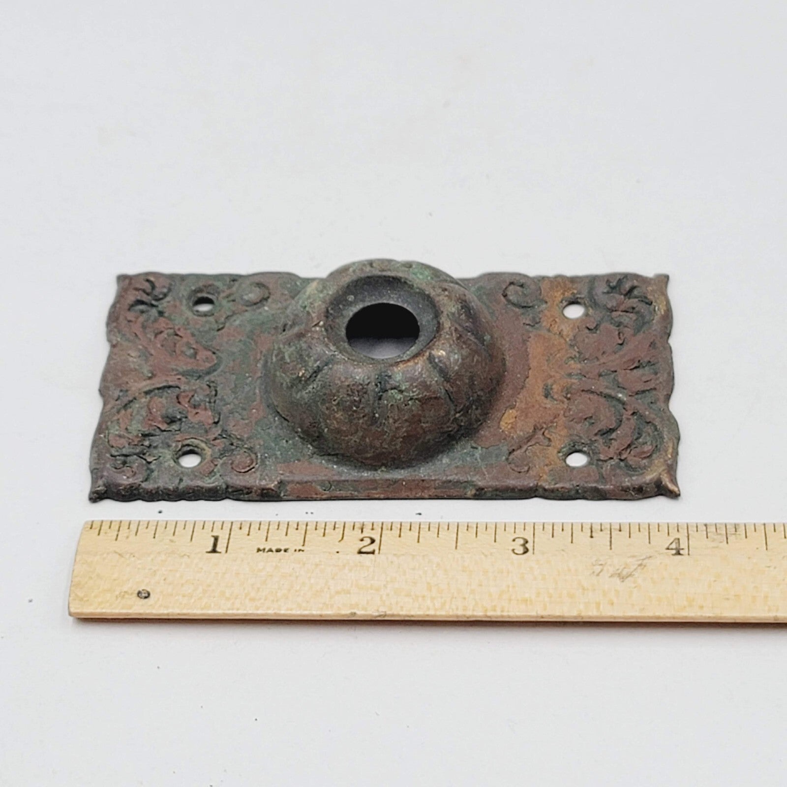 Antique Copper Door Bell Back Plate Ornate  4 in x 2 in