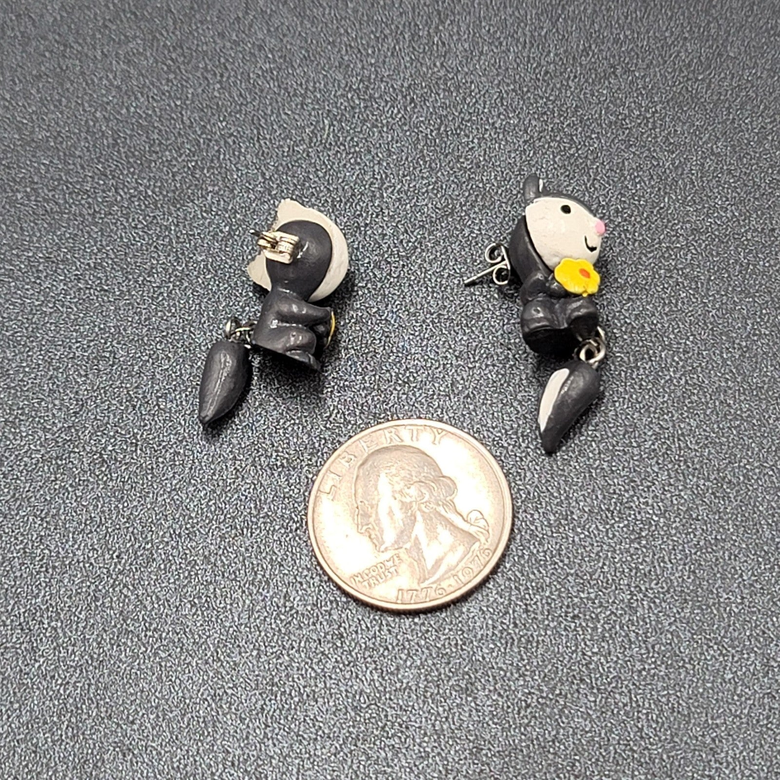 Vintage Pierced Earrings Gray Hand Painted 3D Skunk Dangle 1.25"