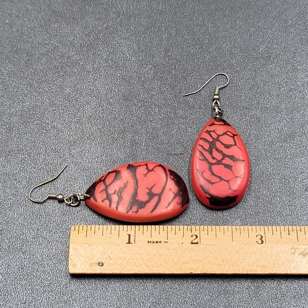 Pierced Earrings Red Dyed Tagua Nut Dangle Silver tone 1.75"