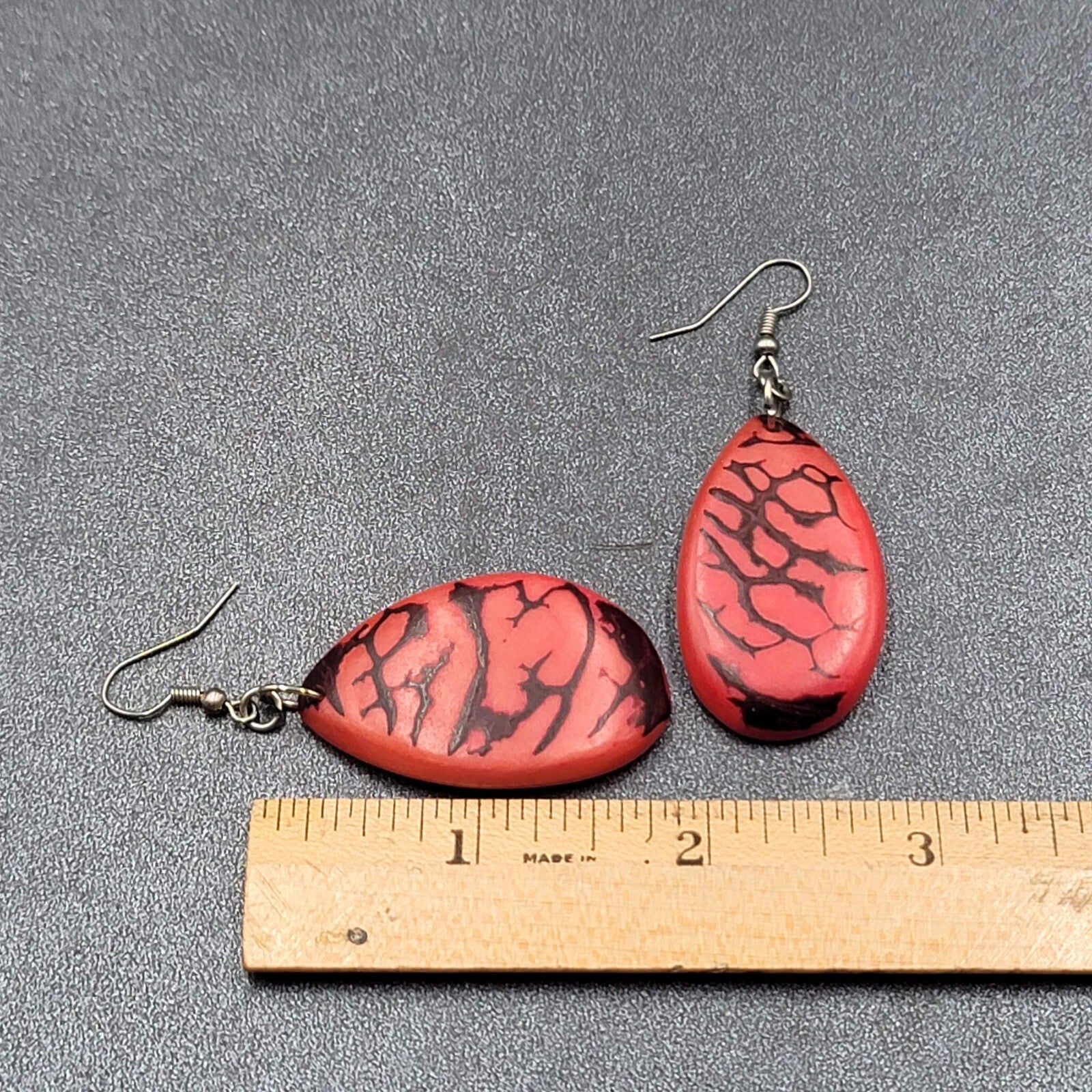 Pierced Earrings Red Dyed Tagua Nut Dangle Silver tone 1.75"