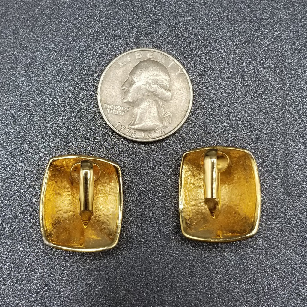 Vintage Clip on Earrings Gold tone Black Enamel Geometric Drop Stud 1"
