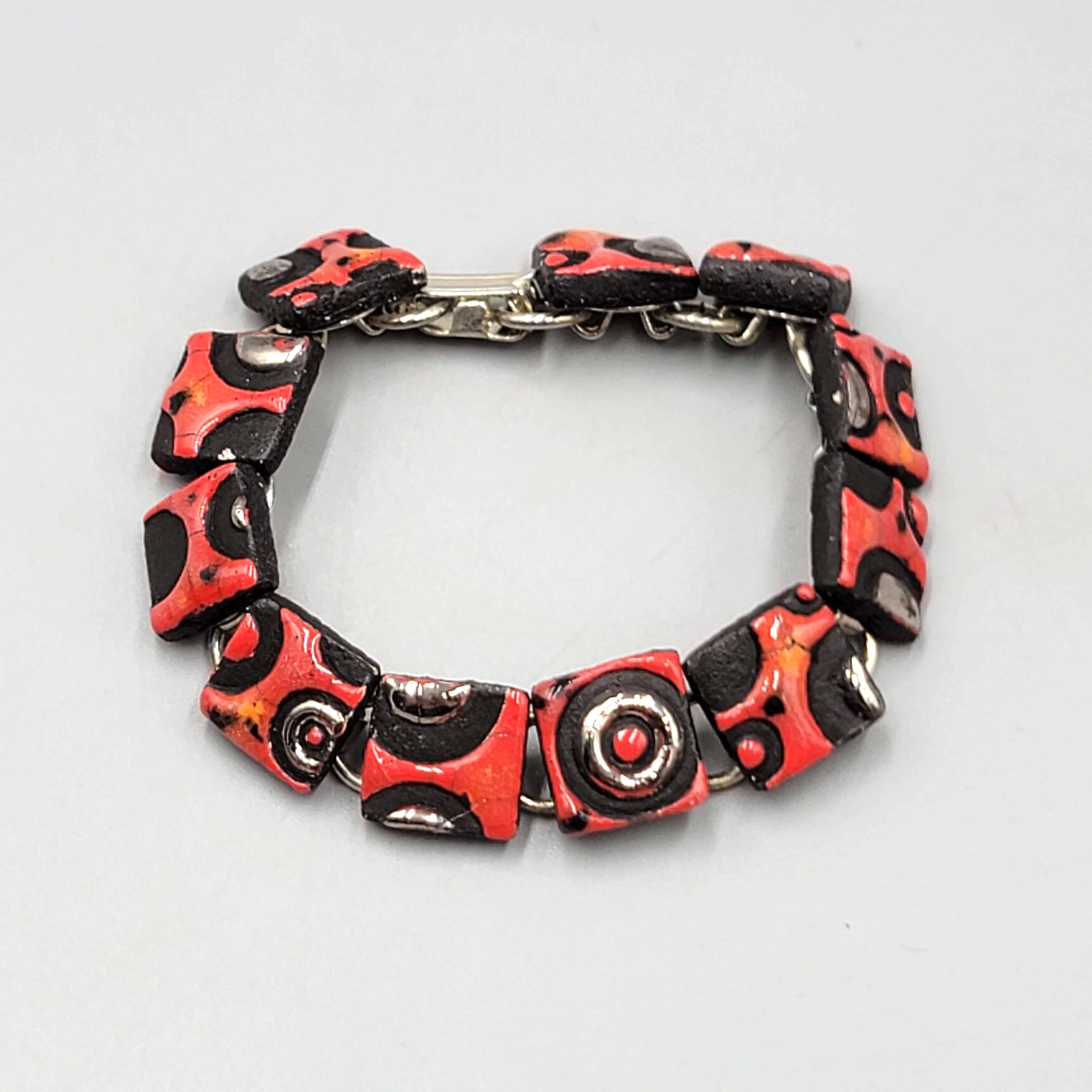 Vintage Artisan Link Bracelet Red Polymer Geometric Squares Silver Tone 7"