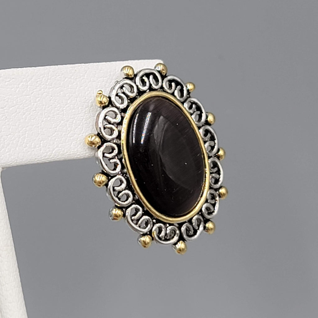 Dark Brown Cats Eye Cabochon Pierced Earrings Silver tone Oval Drop 1 1/8"