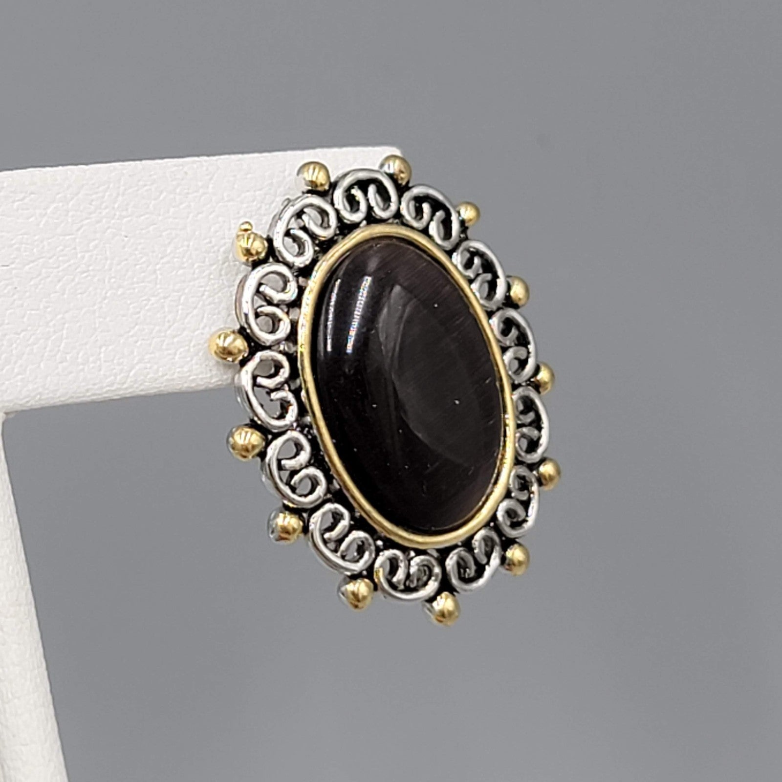 Dark Brown Cats Eye Cabochon Pierced Earrings Silver tone Oval Drop 1 1/8"