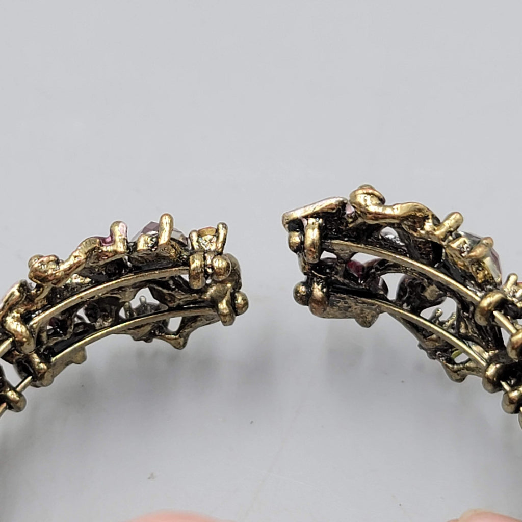 Pink Enamel Rhinestones Flowers Bracelet Bronze tone 7 in