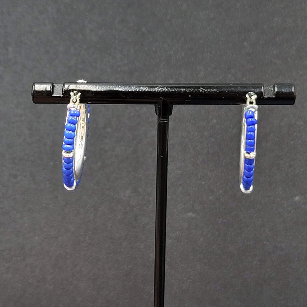 Pierced Earrings Silver tone Blue Seed Bead Hoops 1"