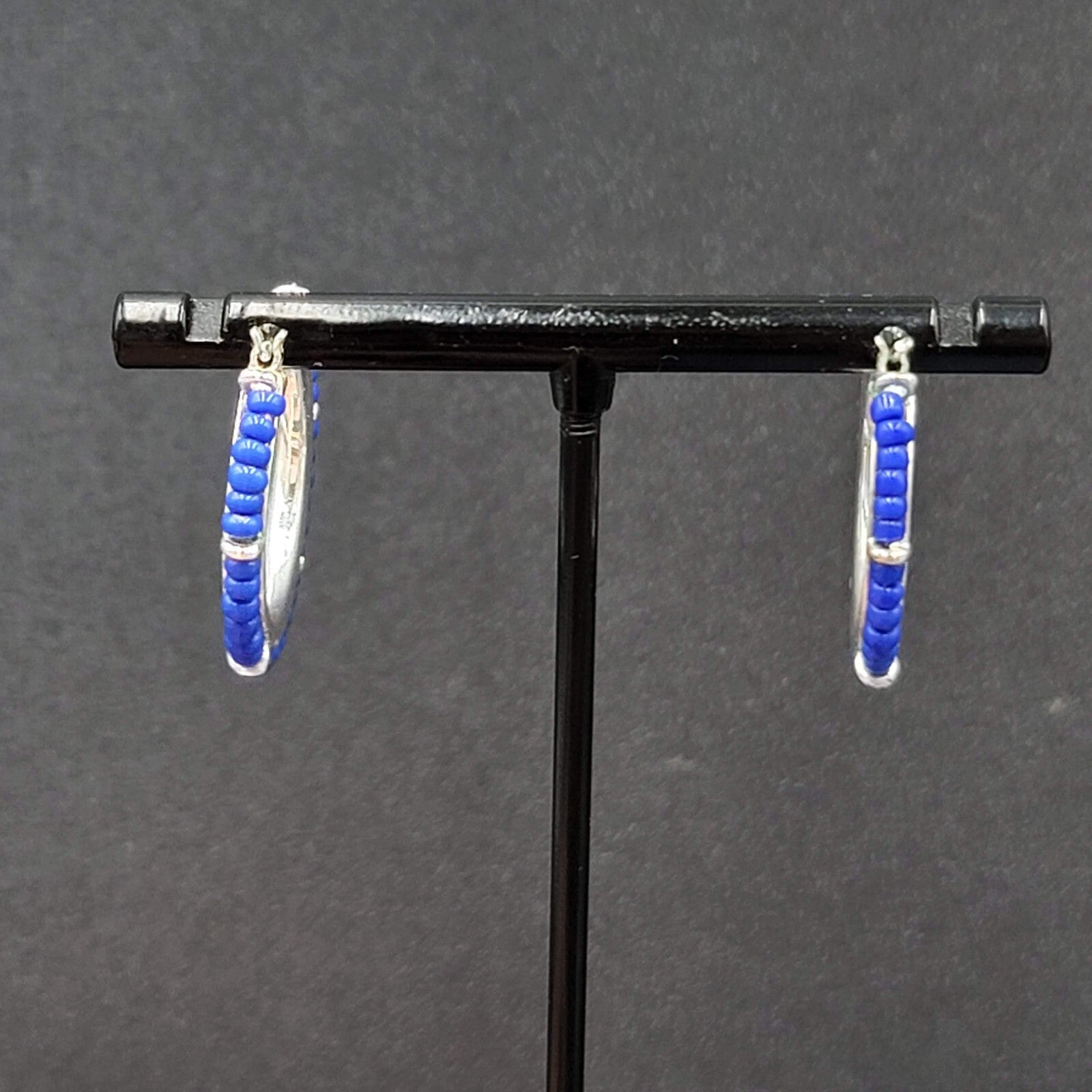 Pierced Earrings Silver tone Blue Seed Bead Hoops 1"