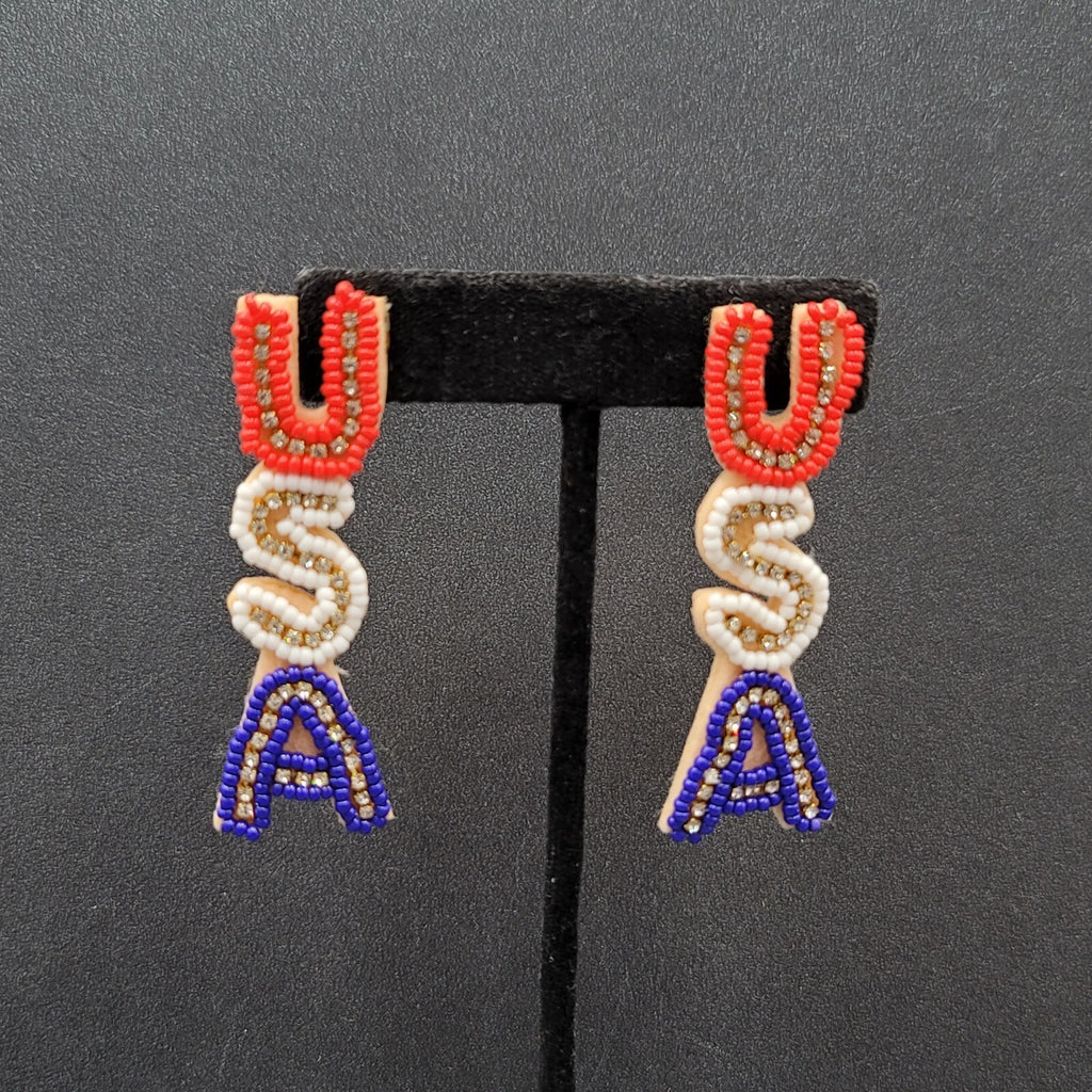 USA Pierced Earrings Beaded Felt Patriotic 4th of July Red White Blue 2.5"