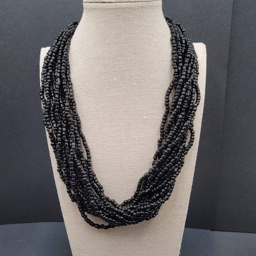 Black Glass Seed Bead 12 Strand Necklace Silver tone 20"-22.5"