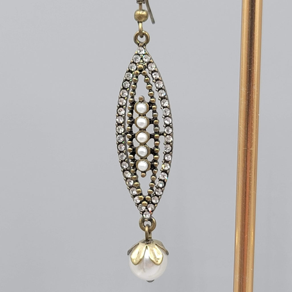 Faux Pearl Rhinestone Long Pierced Earrings Bronze tone Dangle 2 in