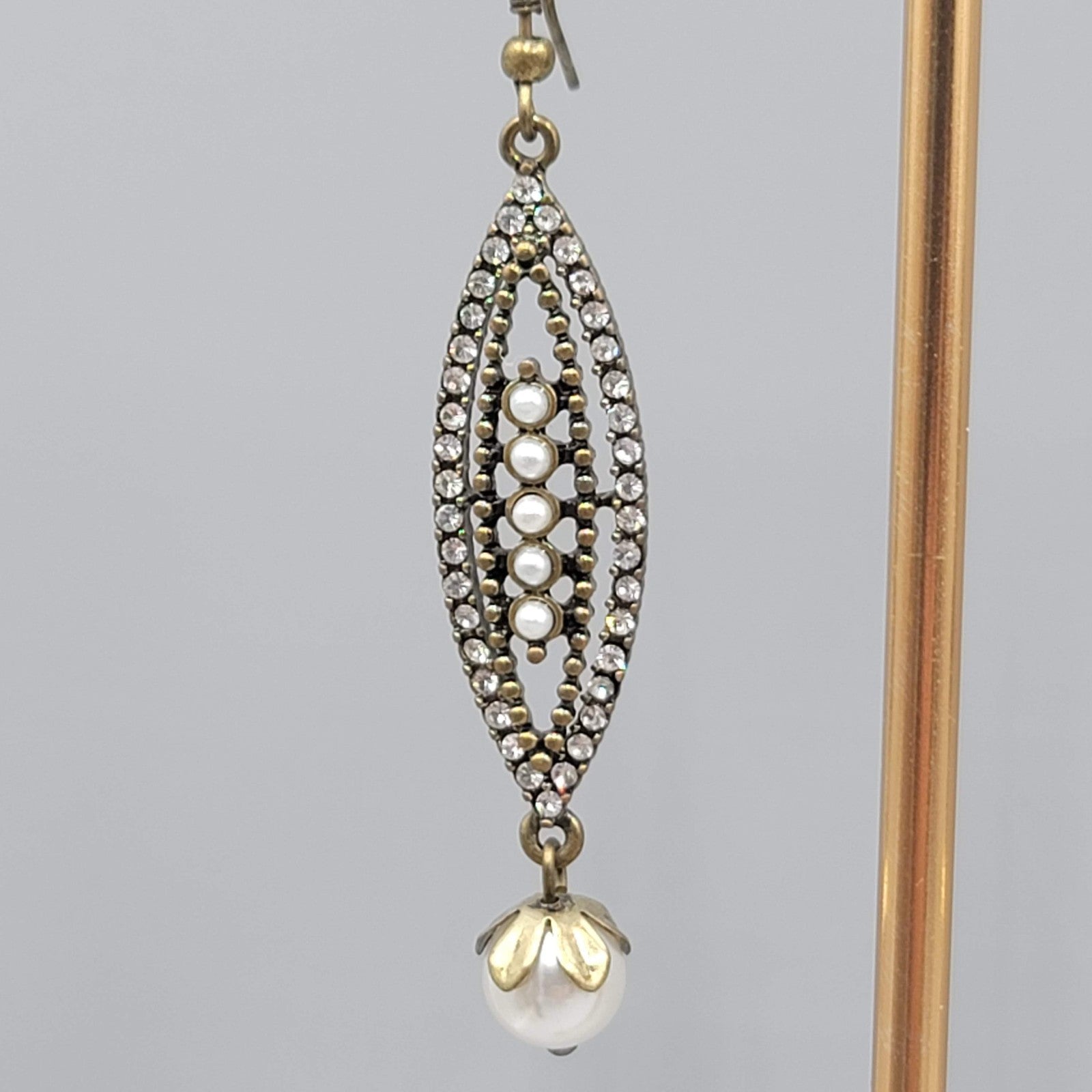 Faux Pearl Rhinestone Long Pierced Earrings Bronze tone Dangle 2 in