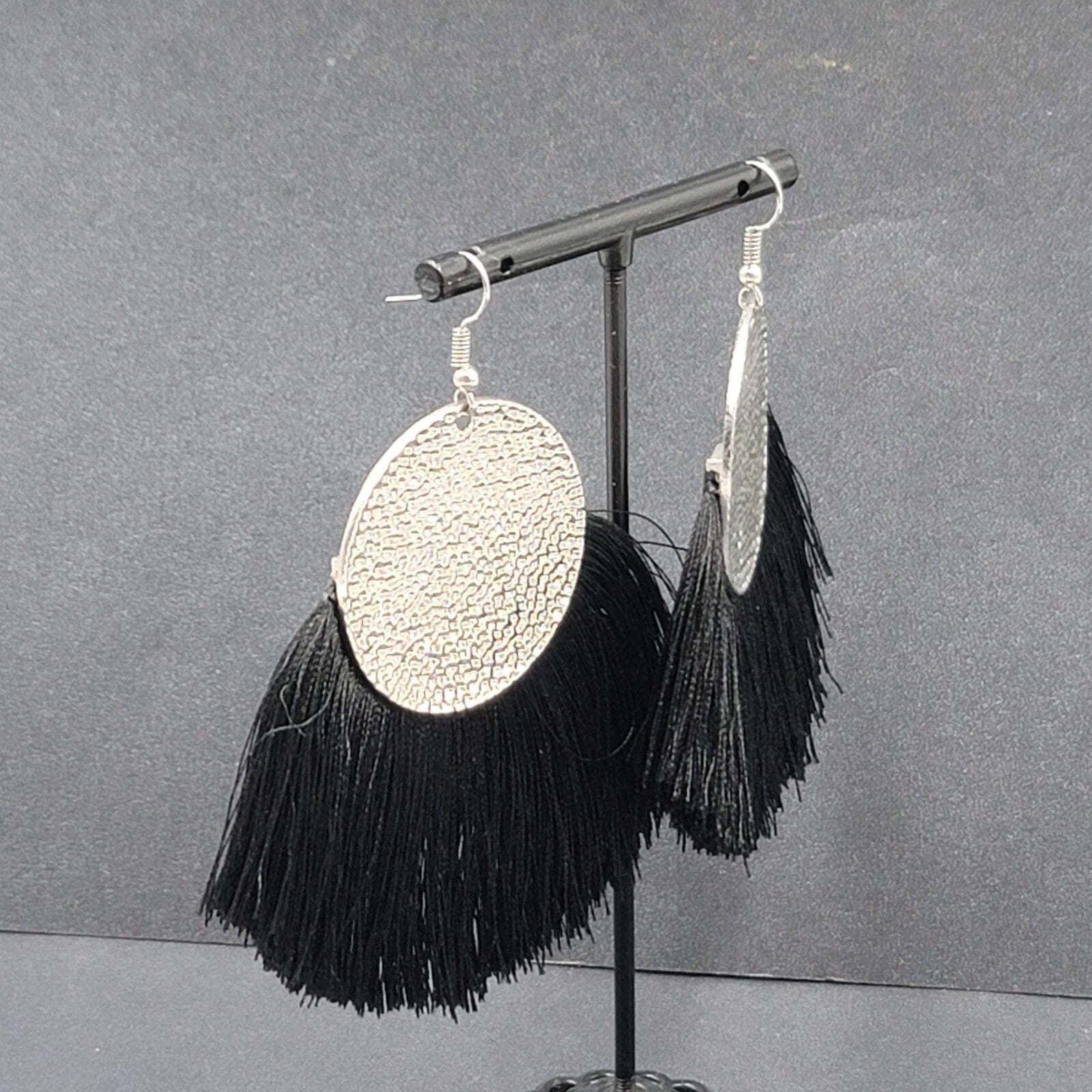 Pierced Earrings Silver tone Black Tassel Statement Dangle 2.5"