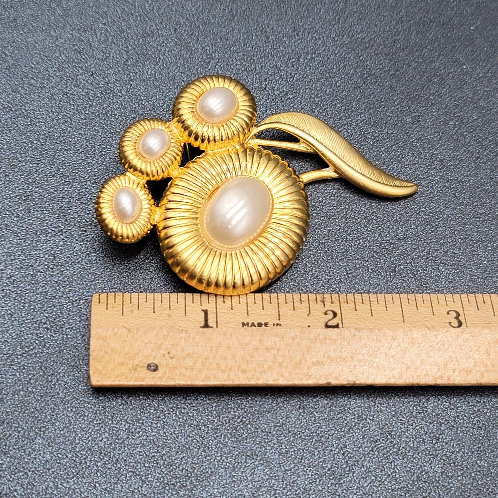 Vintage Brooch Matte Gold Plated Faux Pearl Flower 2.75"