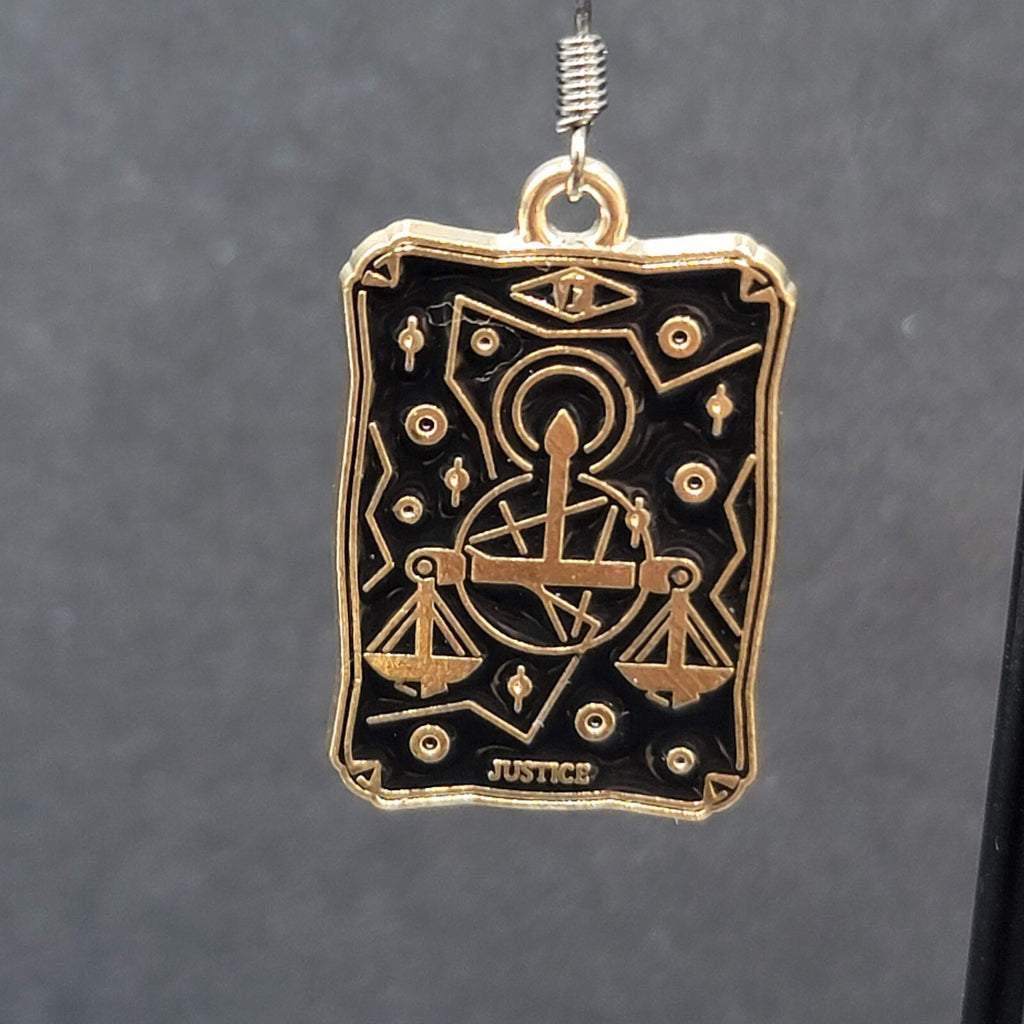 Tarot Card Pierced Earrings JUSTICE Scales Gold tone Black 1"