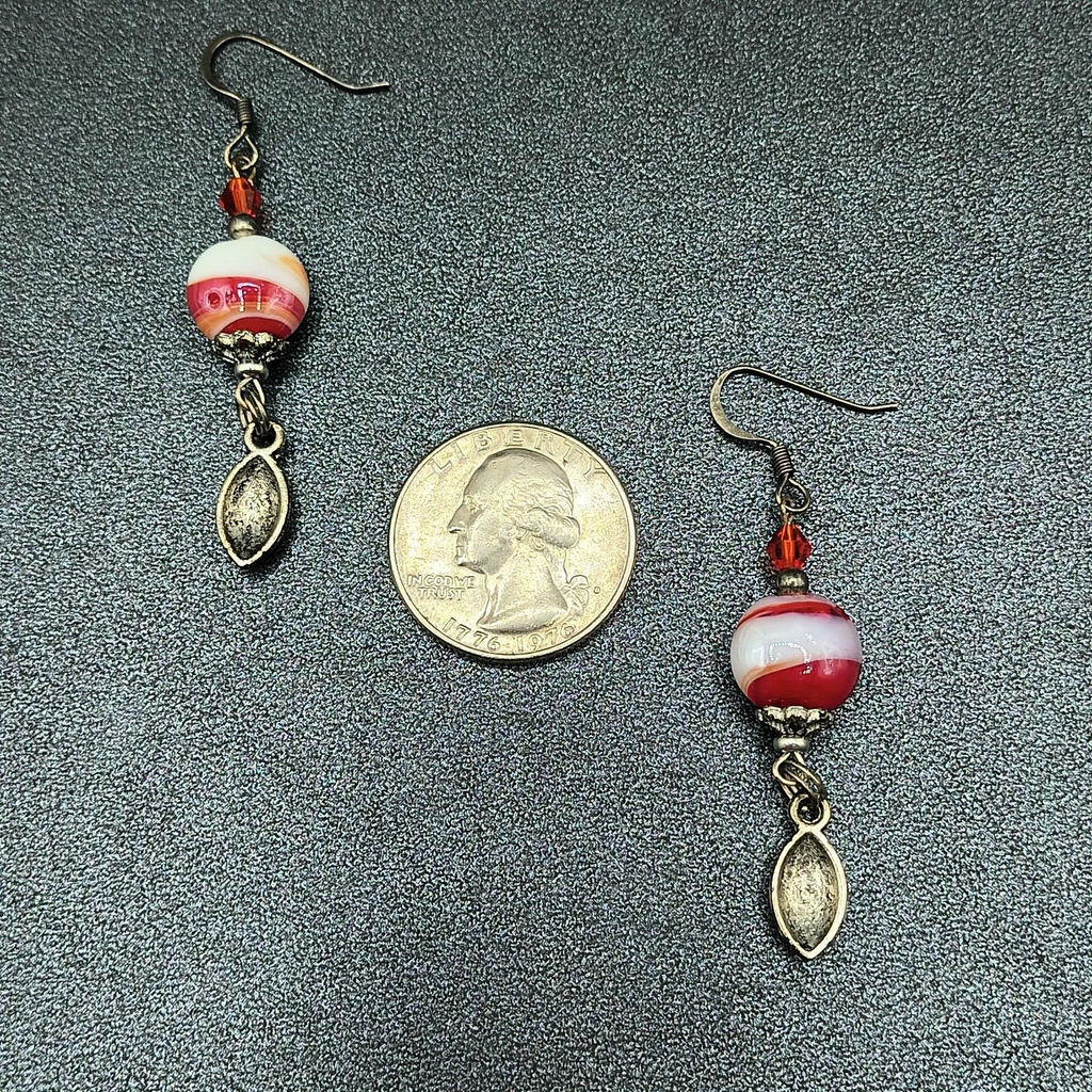 Pierced Earrings Red White Swirl Art Glass Silver tone Football Dangle Charm