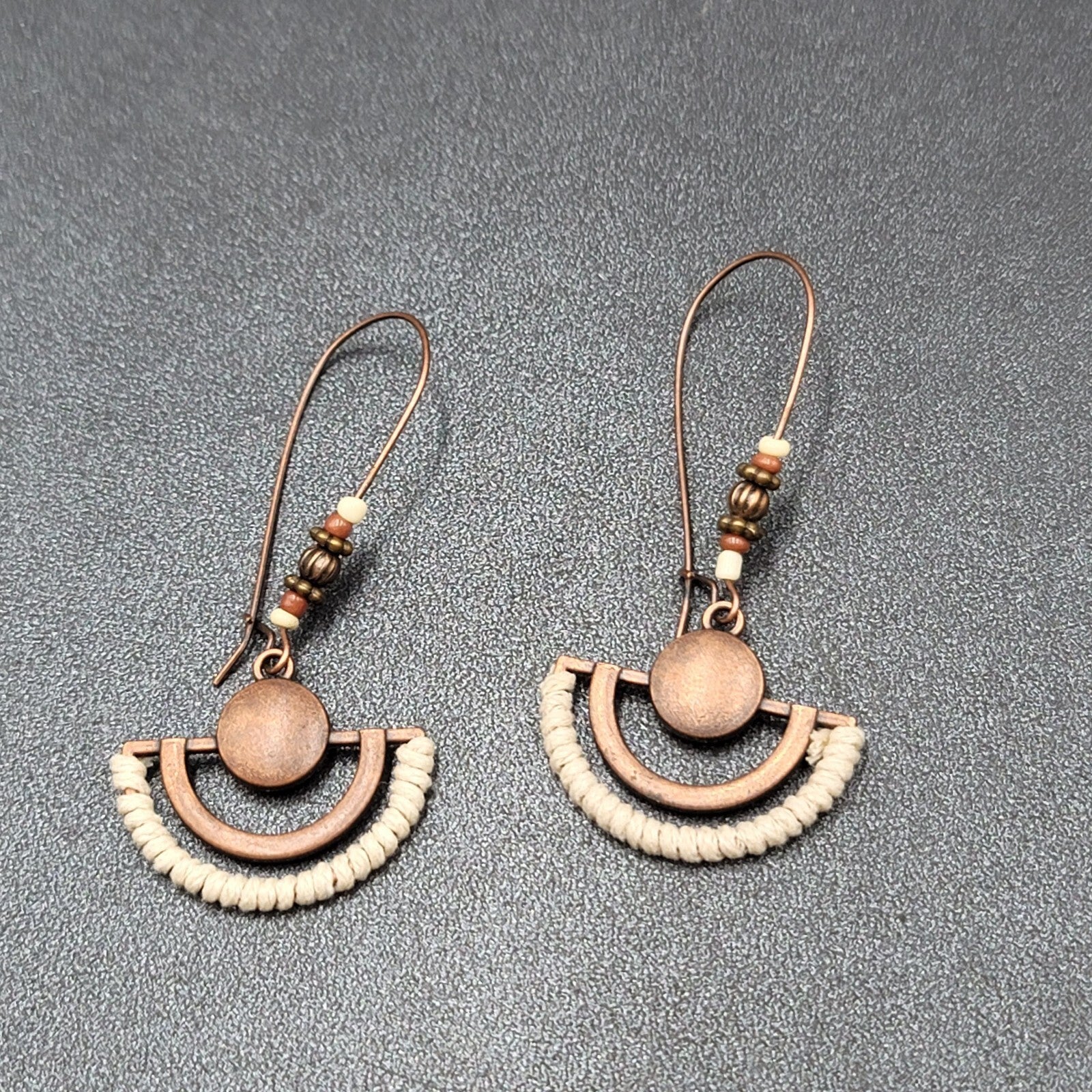 New Boho Pierced Earrings Copper tone Beaded White Dangle Large Hook 2.25"