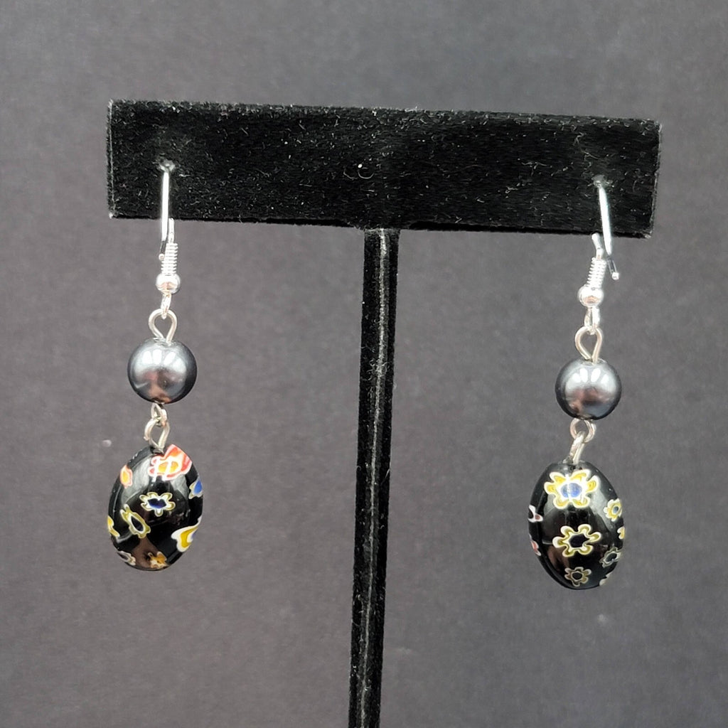 Pierced Earrings Sterling Silver Hooks Black Flower Art Glass Beads 1.25"