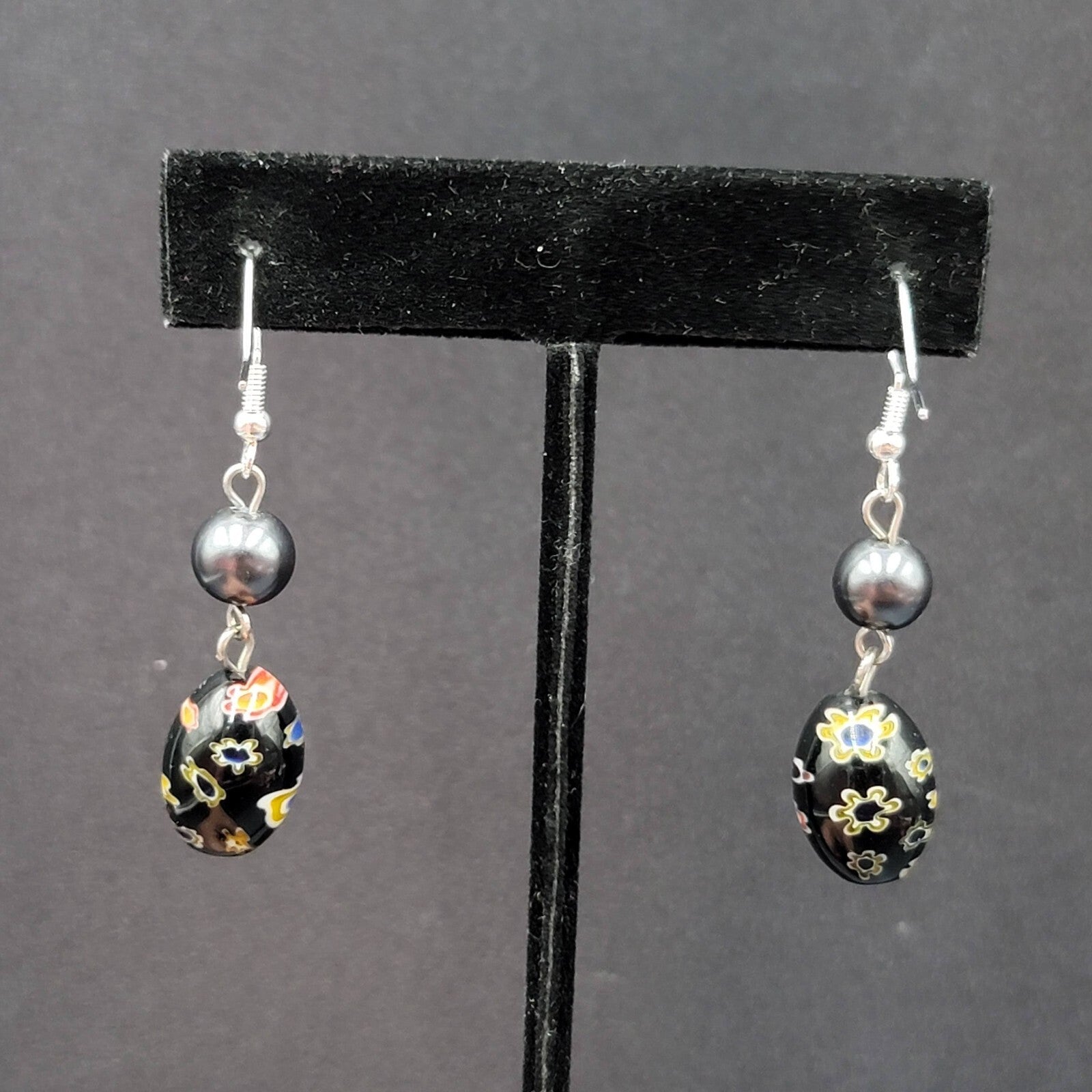 Pierced Earrings Sterling Silver Hooks Black Flower Art Glass Beads 1.25"