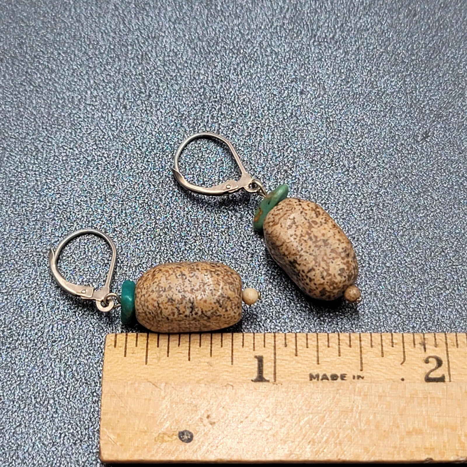Pierced Earrings Turquoise Brown Speckled Stone Bead Dangle 1"