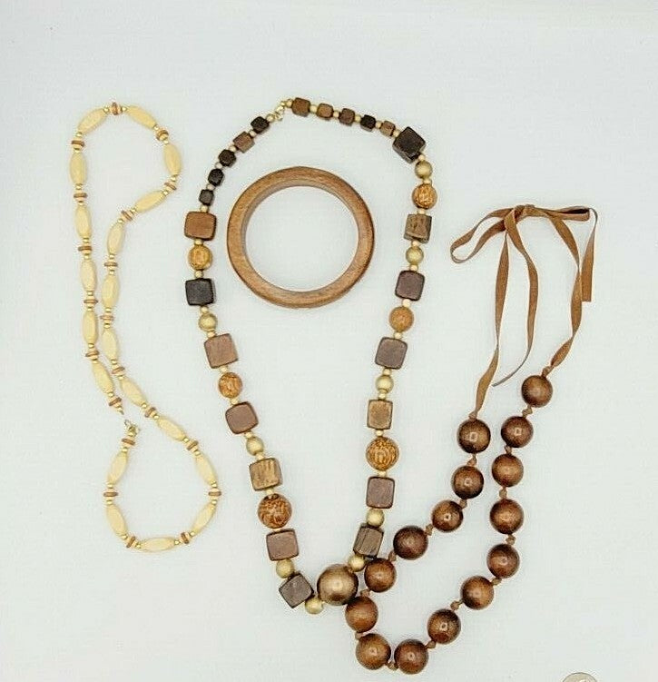 Vintage Wood Jewelry Lot 3 Necklaces and 1 Bangle Brass Inlay Bracelet