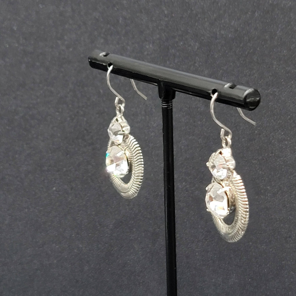 Pierced Earrings Silver tone Snake Chain Rhinestone Dangle 1"