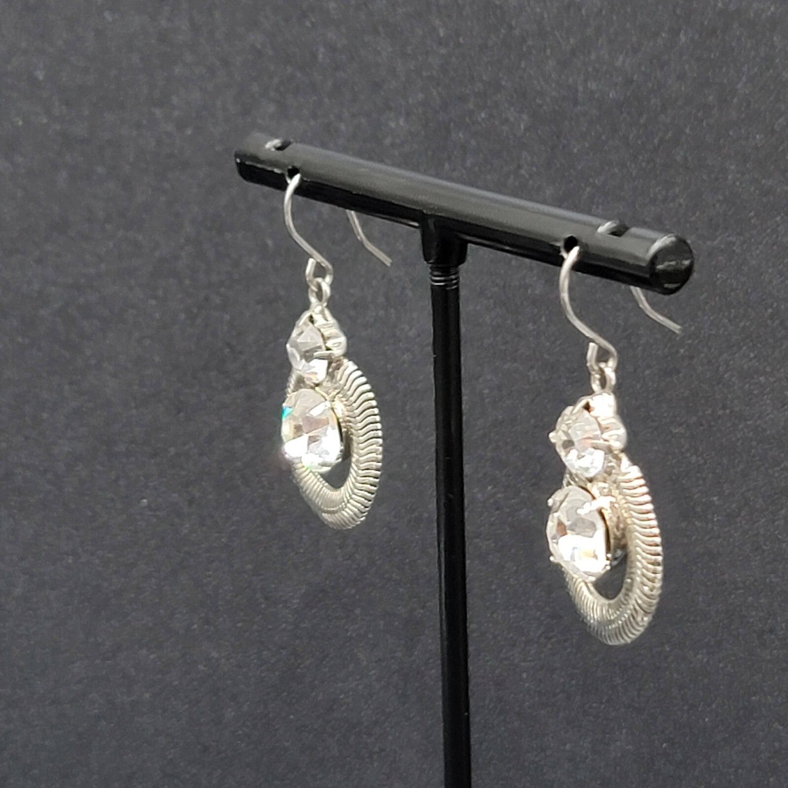 Pierced Earrings Silver tone Snake Chain Rhinestone Dangle 1"