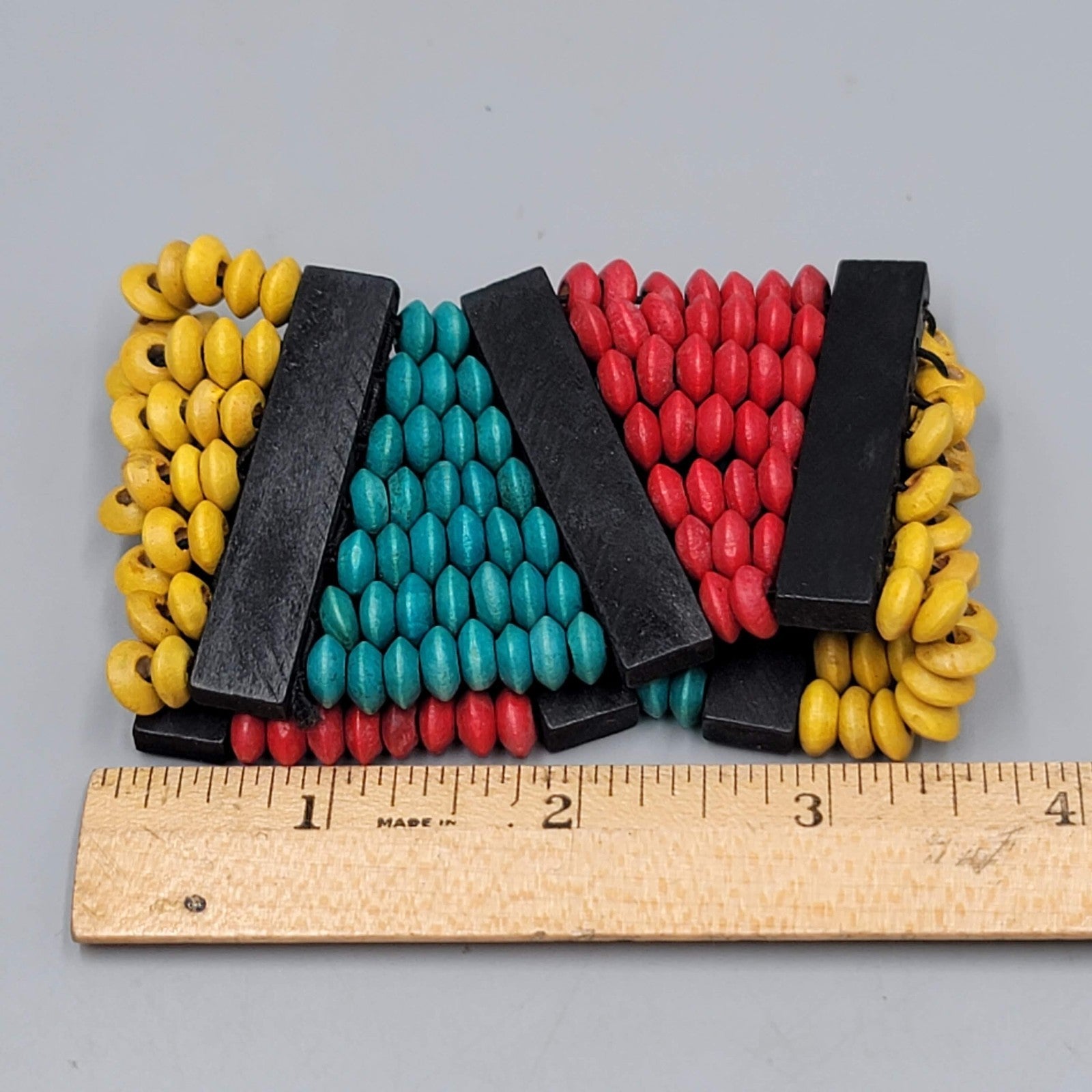 Wide Wood Bead Bracelet Teal Yellow Red 2" x 7"
