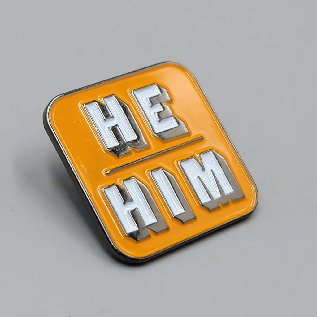 He Him Enamel Lapel Hat Pin Orange White Square Pronouns  1"