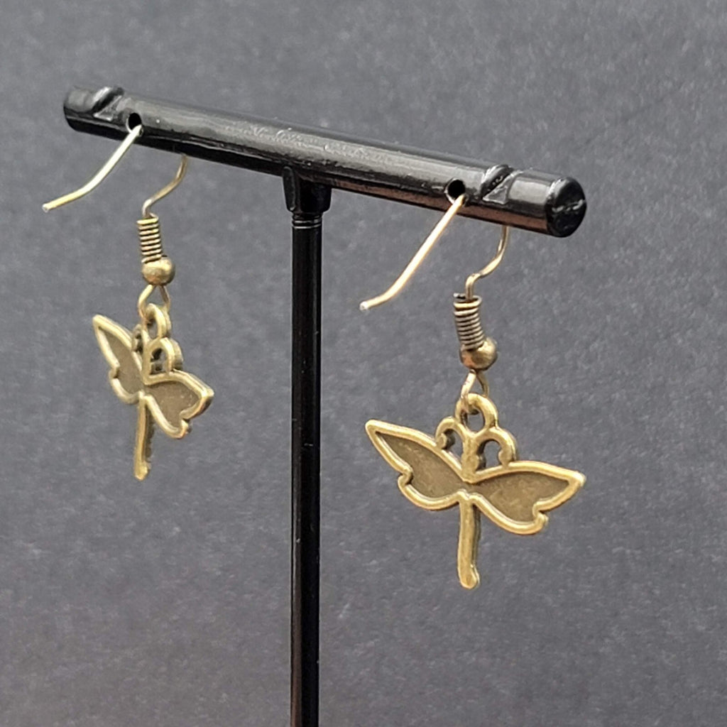 Dragonfly Pierced Earrings Dangle Bronze tone Bug Insect 5/8"