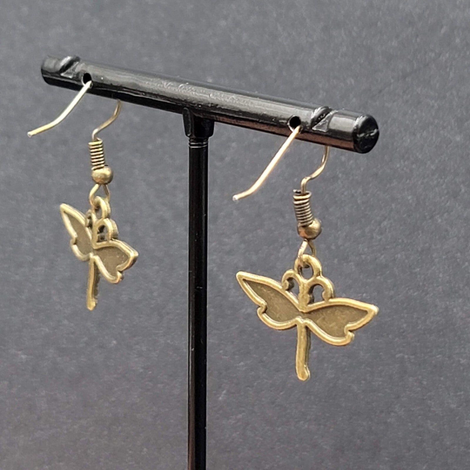 Dragonfly Pierced Earrings Dangle Bronze tone Bug Insect 5/8"