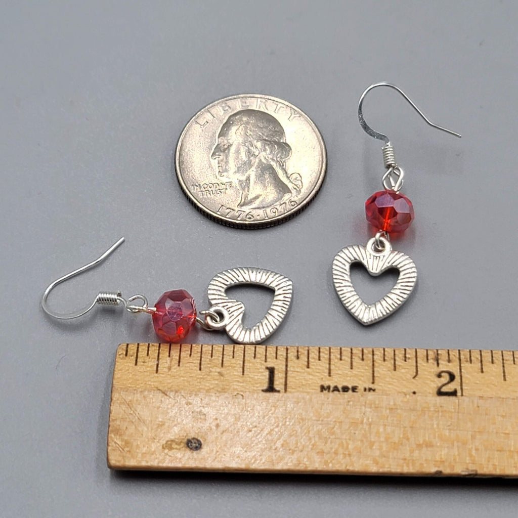 Heart Pierced Earrings Red Bead Silver tone Rhinestone Dangle 1 1/8"