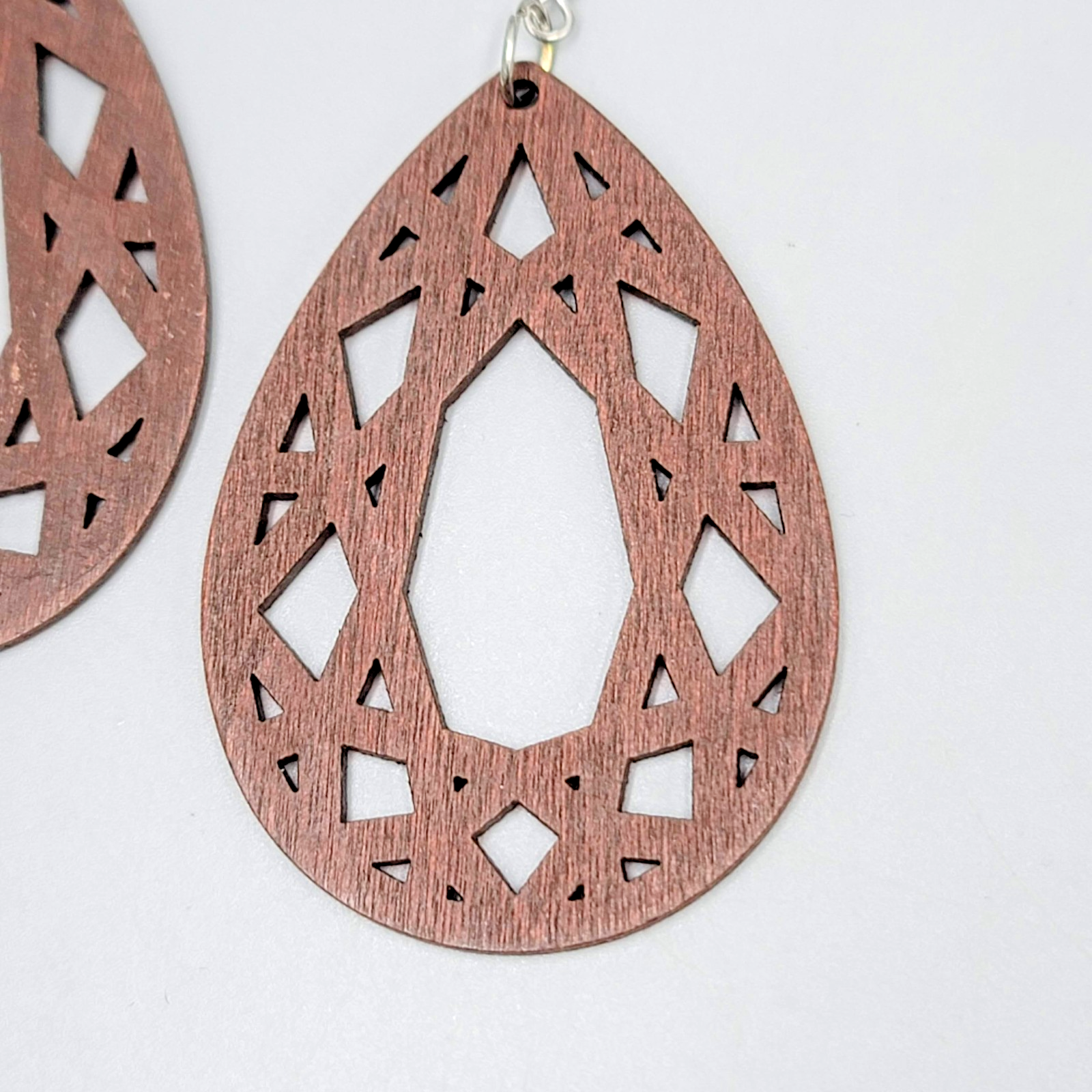 Wood Cut Large Teardrop Boho Pierced Earrings Silver tone Dangle 2.5 in