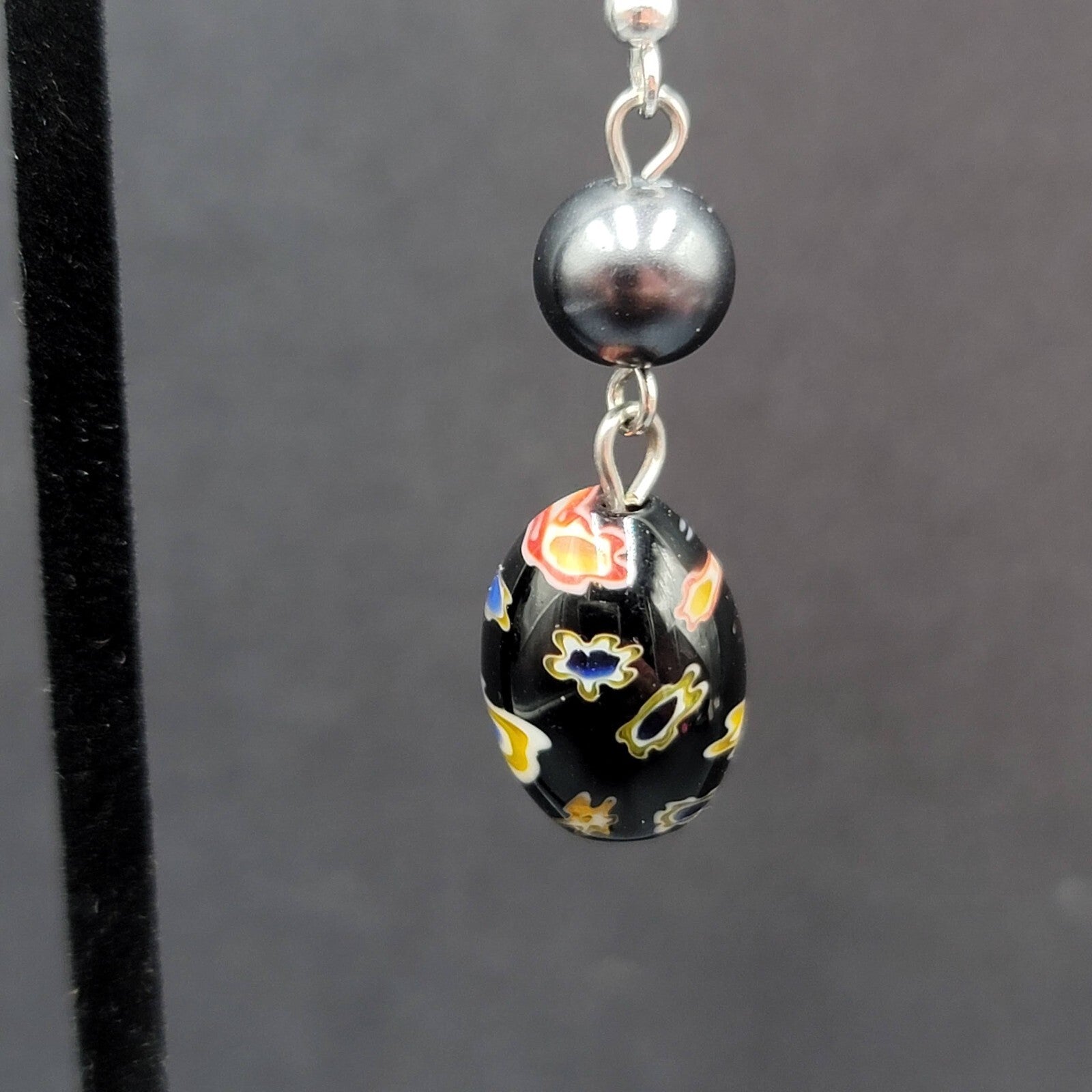 Pierced Earrings Sterling Silver Hooks Black Flower Art Glass Beads 1.25"