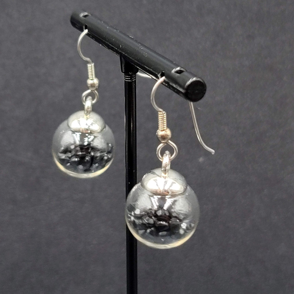 Pierced Earrings Silver tone Loose Black Rhinestones Filled Sphere Dangle 3/4"