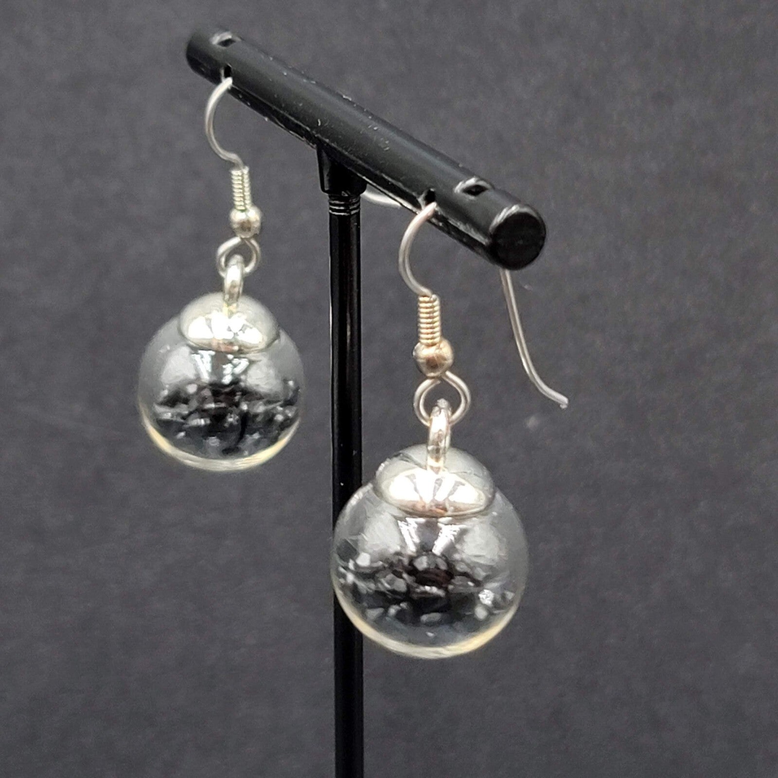 Pierced Earrings Silver tone Loose Black Rhinestones Filled Sphere Dangle 3/4"