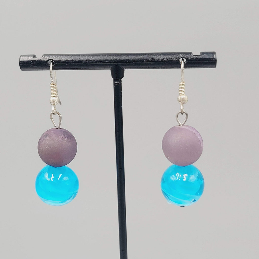 Purple Blue Art Glass Bead Pierced Earrings Silver tone 1.25"