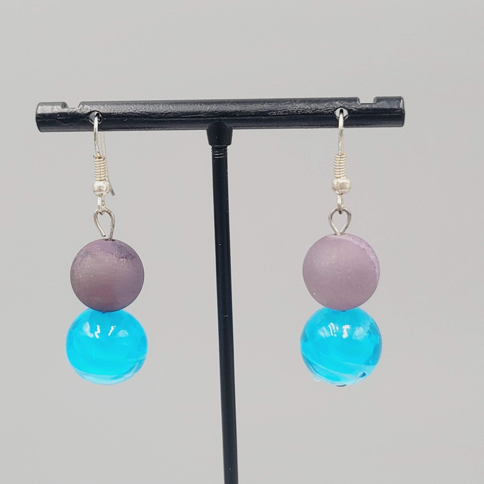 Purple Blue Art Glass Bead Pierced Earrings Silver tone 1.25"