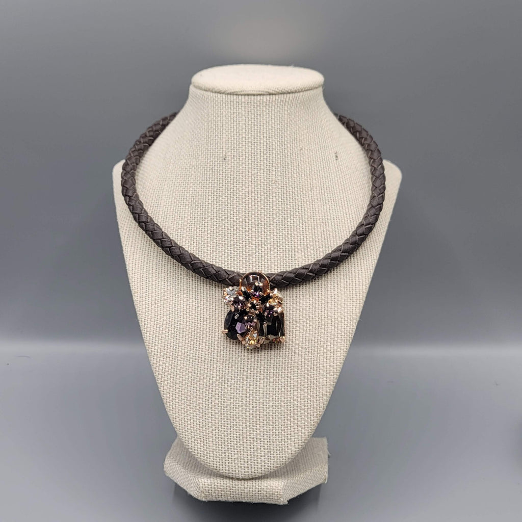 Statement Signed Necklace Rhinestone Pendant Braided Leather Cord 18"-21"