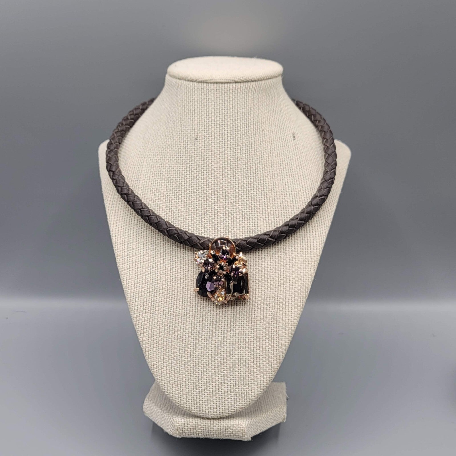 Statement Signed Necklace Rhinestone Pendant Braided Leather Cord 18"-21"