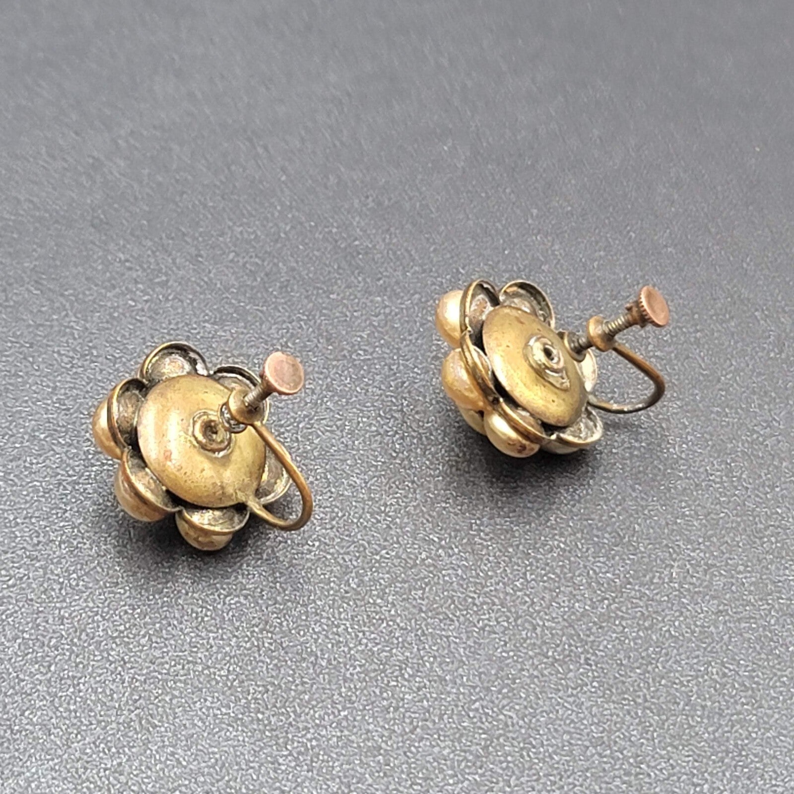Vintage Clip on Earrings Bronze tone Gold Bead Flower Screw Back Studs 3/4"