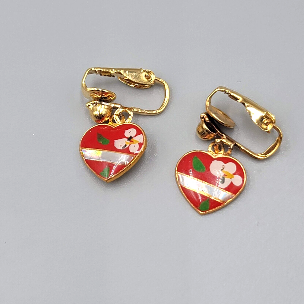 Vintage Red Heart Dangle Clip on Earrings Gold tone Flower 1/2"